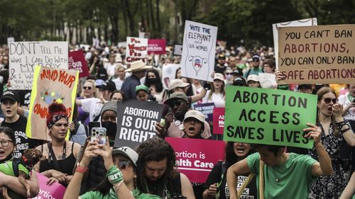 Protesters rally in Cadman Plaza during an abortion rights demonstration in the Brooklyn borough of New York on May 14. .