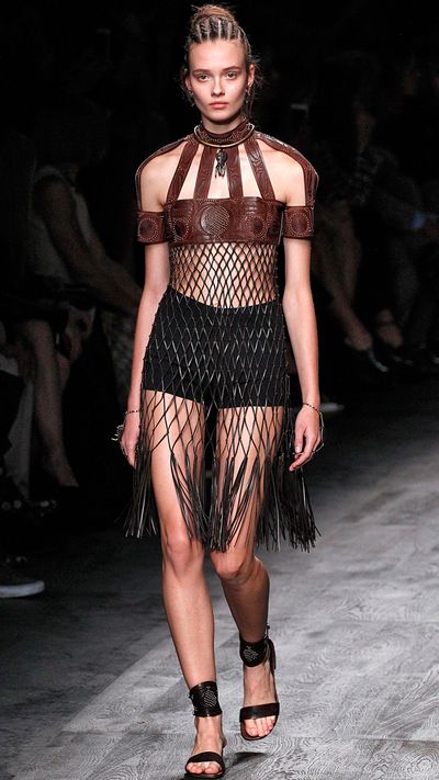 For every primitive tribal touch in Valentino's SS16 collection, there was a display of vanguard techniques; as in this leather harness, fashioned using laser machinery.