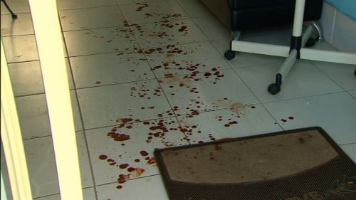 Blood on the floor of the Minto hair salon where Greenhalgh sought refuge. Picture: A Current Affair