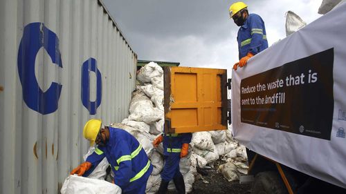 Rubbish from Mount Everest is unloaded in Kathmandu, Nepal.