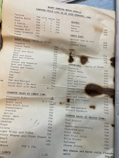 Mount Gambier 1986 school canteen price list