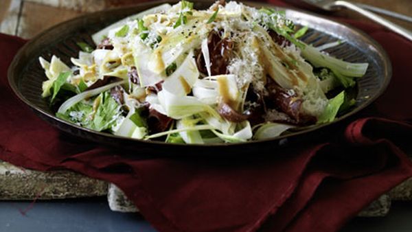 Shaved celery heart, anchovy and bresaola salad with mustard dressing