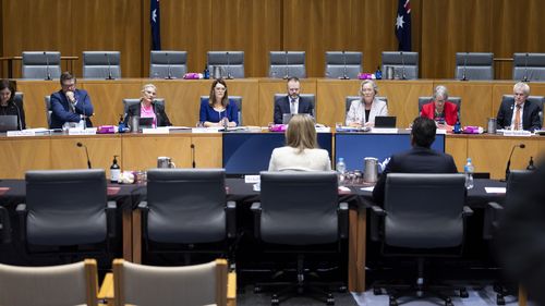 Optus CEO Kelly Bayer Rosmarin and Lambo Kanagaratnam, Optus, Managing Director, Networks, during a Senate hearing