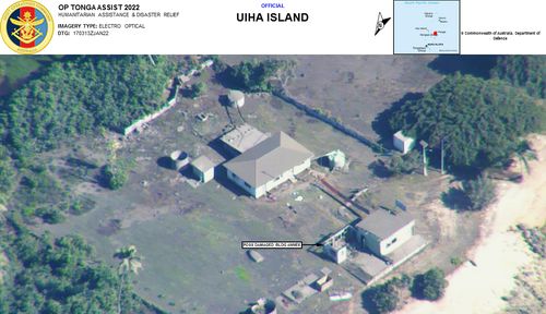 Details of a reconnaissance photo taken of Uiha Island, Tonga, taken during a mission by a Royal Australian Air Force P-8A Poseidon maritime patrol aircraft following the eruption of the Hunga Tonga-Hunga Haapai underwater volcano and the subsequent tsunami. Image has been altered for operational reasons.