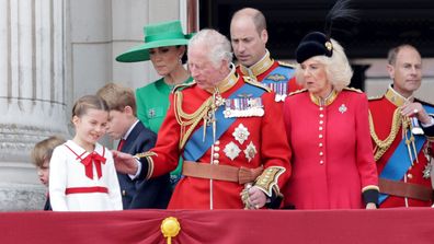 LONDON, ENGLAND - JUNE 17: Prince George of Wales, Prince Louis of Wales, Catherine, Princess of Wales, Princess Charlotte of Wales, Prince William, Prince of Wales, King Charles III, Queen Camilla, Prince Edward, Duke of Edinburgh and Sophie, Duchess of Edinburgh stand on the balcony of Buckingham Palace to watch a fly-past of aircraft by the Royal Air Force during Trooping the Colour on June 17, 2023 in London, England. Trooping the Colour is a traditional parade held to mark the British Sover