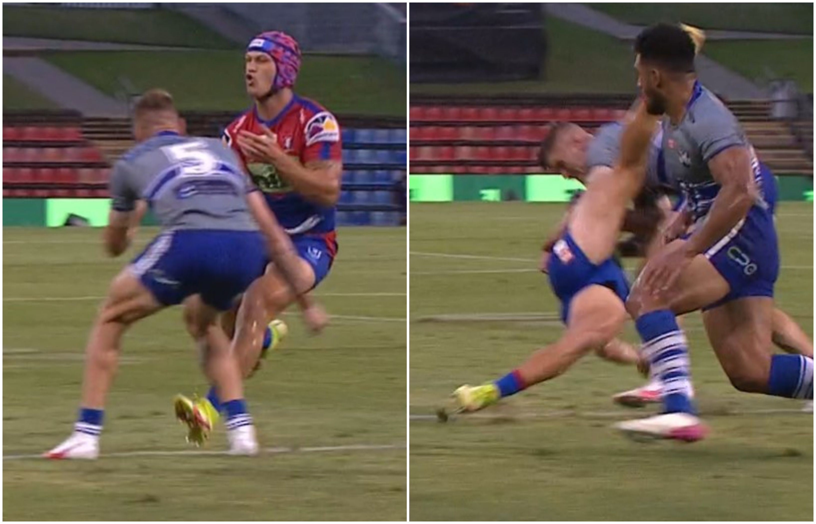 'What a bell-ringer!': Kalyn Ponga hammered in brutal hit as Knights, Bulldogs play out draw