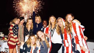 Popstar Taylor Swift has once again celebrated the fourth of July at her Rhode Island home with a slew of famous celebrity friends, this time with an enormous inflatable waterslide, matching bathing suits and beach-side antics. (Instagram: @taylorswift)