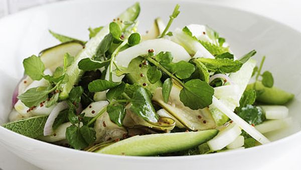 Cucumber, mint and watercress salad with mustard seed dressing (pictured with Sage-roasted potatoes)
