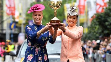 The 2019 Melbourne Cup trophy in pride of place at the parade.