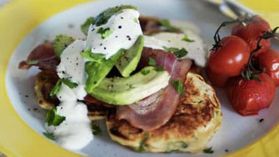 Corn fritters with bacon, avocado &amp; tomatoes
