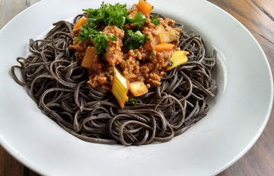 Black bean spaghetti with Bolognese sauce