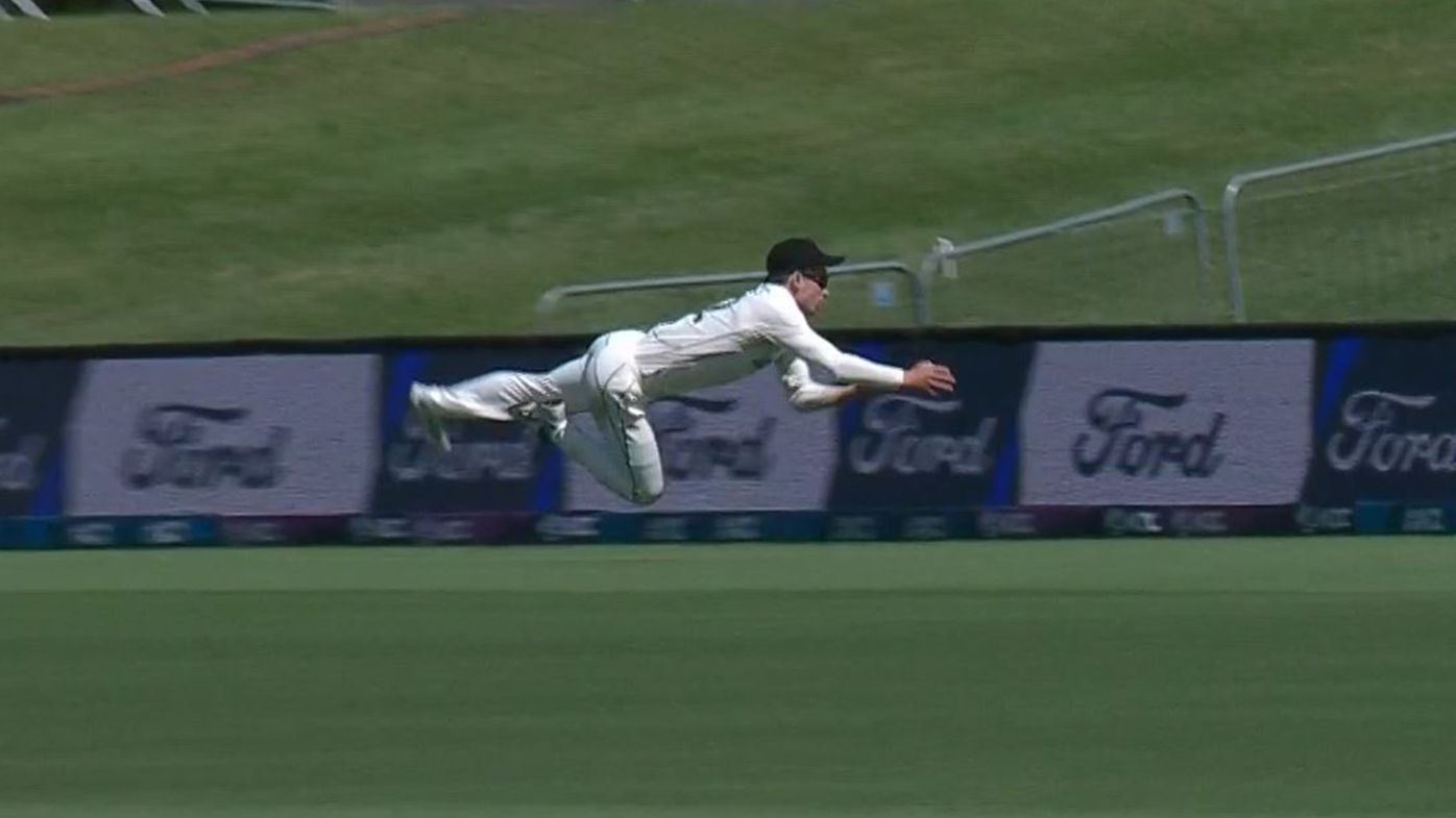 New Zealand&#x27;s Will Young takes a remarkable outfield catch to dismiss South Africa&#x27;s Marco Jansen.