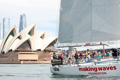 SYDNEY, AUSTRALIA - APRIL 17: Prince Harry, Duke of Sussex speaks to members of Invictus Australia while on a sailing boat on Sydney Harbour on April 17, 2026 in Sydney, Australia. The Duke and Duchess of Sussex are on a four-day visit to Australia, with engagements across Melbourne, Canberra and Sydney. 