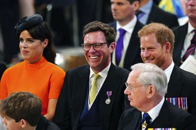 Princess Eugenie, Jack Brooksbank and Prince Harry at the National Service of Thanksgiving at St Paul's Cathedral as part of celebrations marking the Platinum Jubilee of Queen Elizabeth II, June 3, 2022.