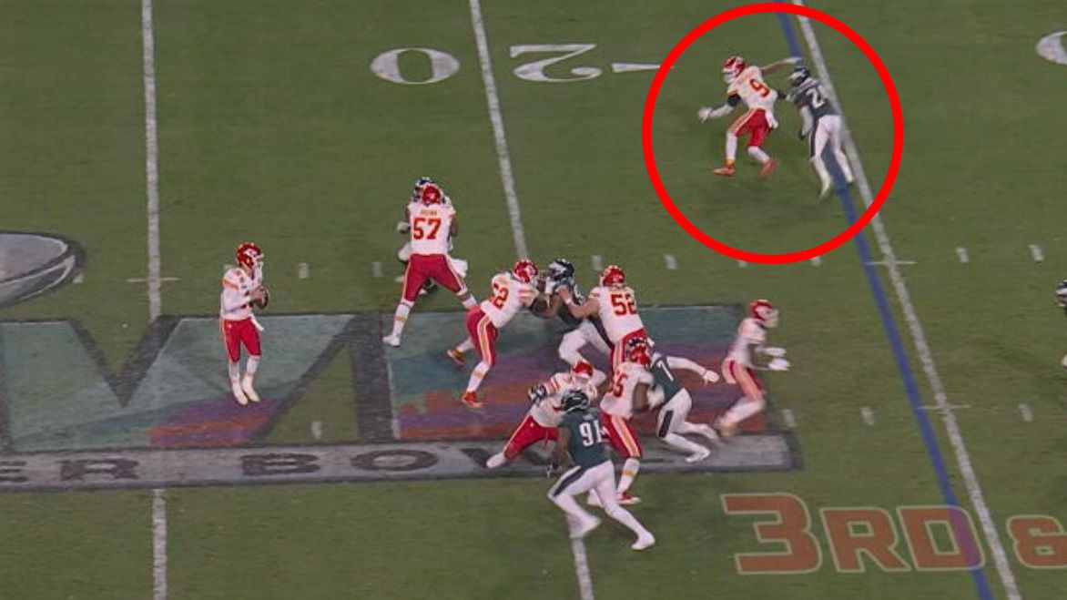 The Super Bowl has been decided by this marginal holding call against the Eagles. The Chiefs would kick the field goal to win.