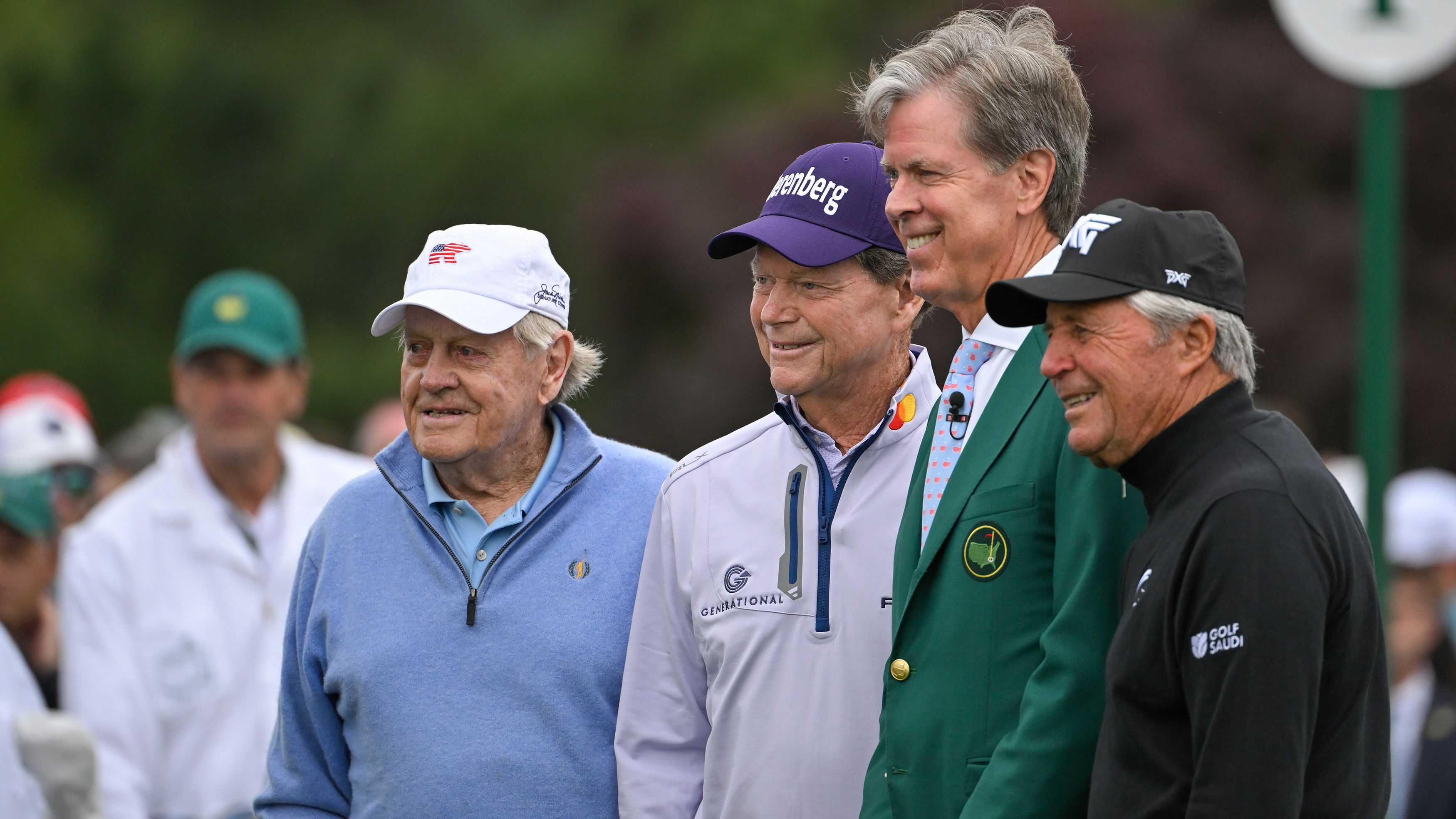 Honorary starters Jack Nicklaus, Tom Watson and Gary Player of pose with Masters chairman Fred Ridley.