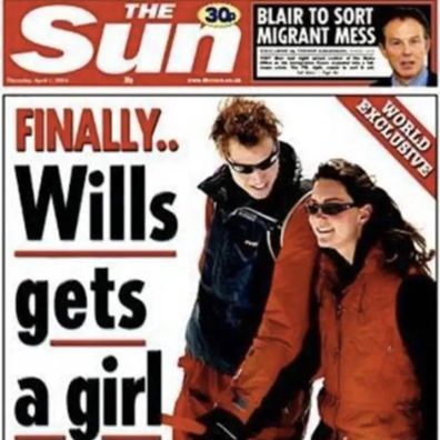The cover of The Sun in 2004 showed Prince William with then-girlfriend Kate Middleton.