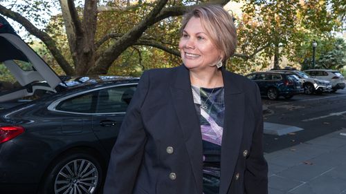 Senatör Dorinda Cox, Yeşiller'in yeni liderini belirlemek için 4 Treasury Place Melbourne'de bir toplantıya katılıyor.