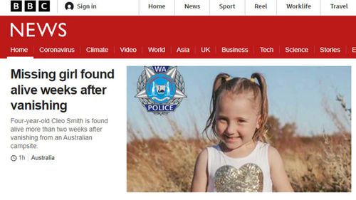 Cleo Smith's rescue was the top story on the BBC.