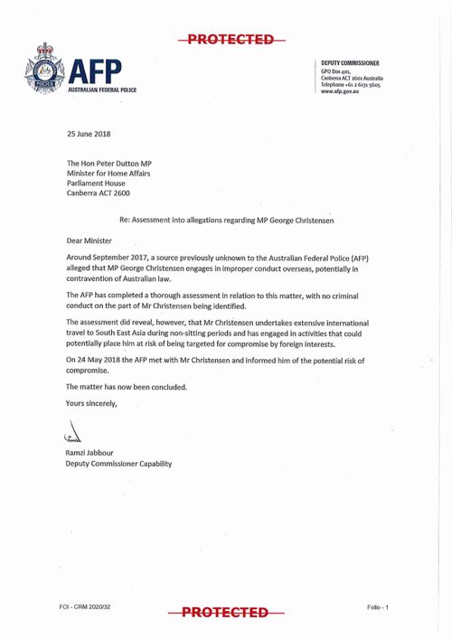 Letter from the AFP to then Home Secretary Peter Dutton about George Christensen