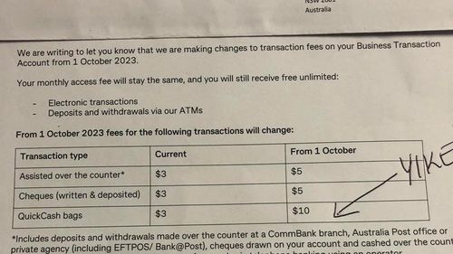 A letter notifying CBA business customers of fee increases