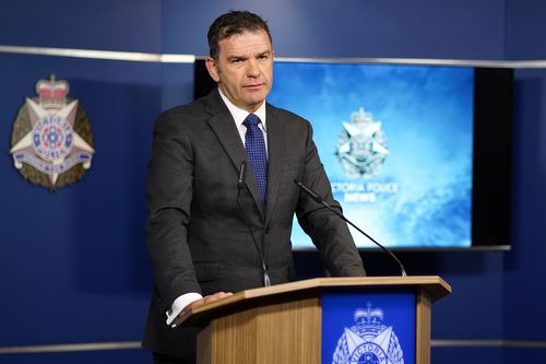 Victoria Police Homicide Squad Detective Andrew Stamper speaks to the media at the Victoria Police Centre in Melbourne. Picture: AAP