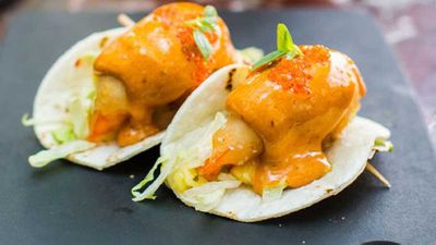 Luke Mangan's <a href="http://kitchen.nine.com.au/2016/05/20/10/25/luke-mangans-taco-of-tempura-prawn-pineapple-salsa-chipotle-aioli" target="_top">taco of tempura prawn, pineapple salsa, chipotle aioli</a> recipe