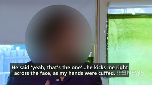 Eathan claims he was kicked across the face while handcuffed. (9NEWS)