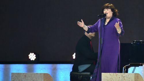 Singer Susan Boyle performs Mull of Kintyre with Pianist Kennedy Aitchison during the Opening Ceremony for the Glasgow 2014 Commonwealth Games. (Getty)