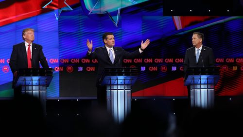 The three nominees battling it out at the Miami CNN debate. (Getty)