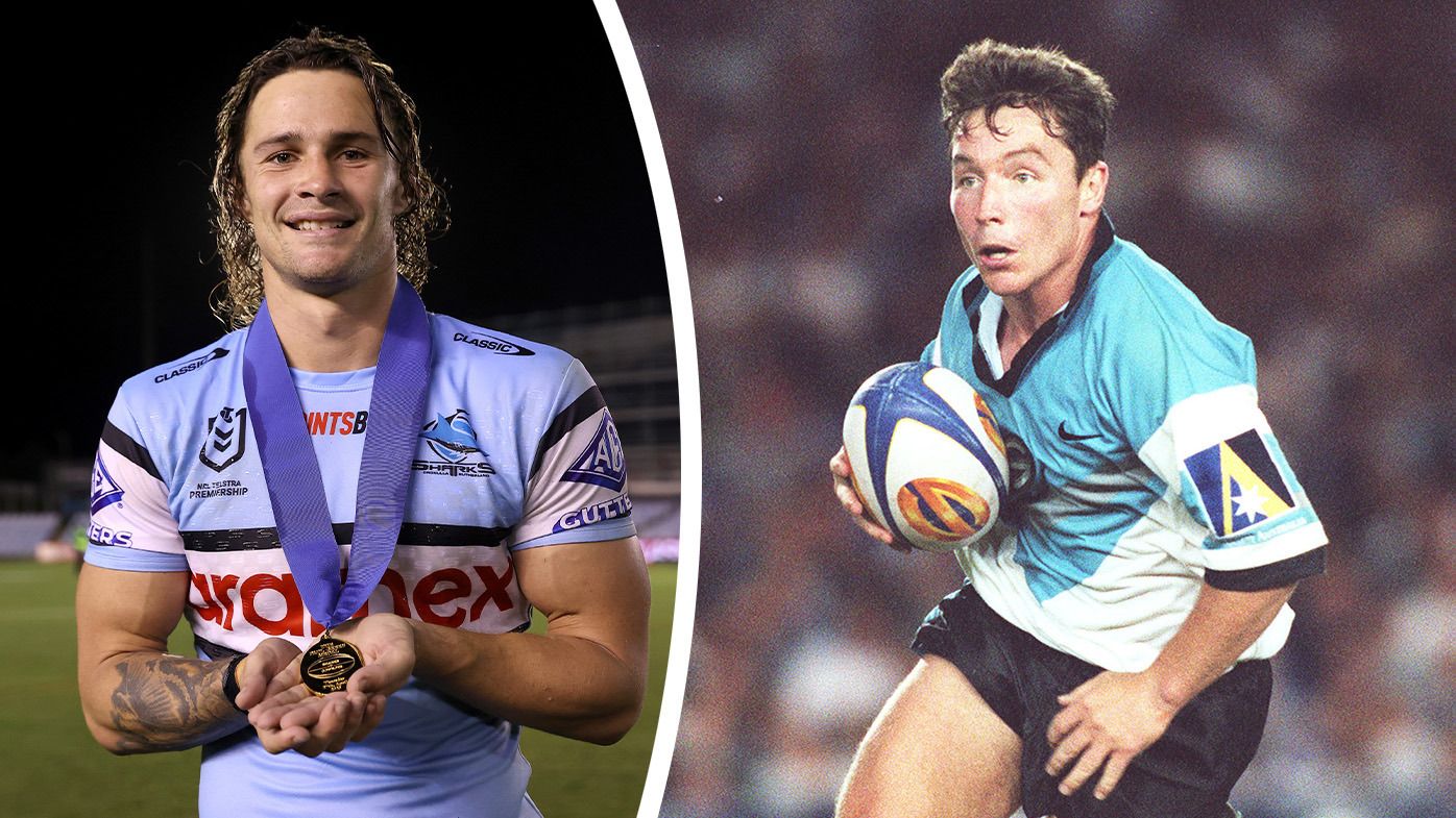 Nicho Hynes was awarded the inaugural Paul Green Medal for player of the match against the Cowboys. Insert of Paul Green playing for the Sharks in 1997.