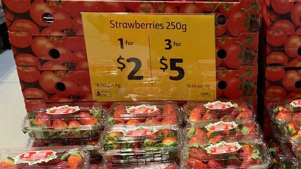 Strawberry punnets on sale, 3 for $5