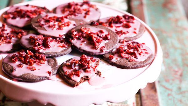 Choc wafer cookies with rose icing and cranberries