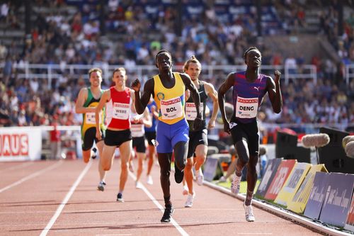 Joseph Deng (right) broke Australia's longest-standing athletics record in Monaco last week, running alongside fellow Sudanese-Australian Peter Bol. Picture: AAP