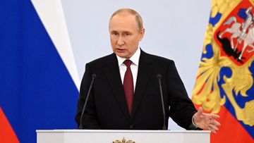 Russian President Vladimir Putin speaks during celebrations marking the incorporation of regions of Ukraine to join Russia, in Red Square in Moscow, Russia, Friday, Sept. 30, 2022. 