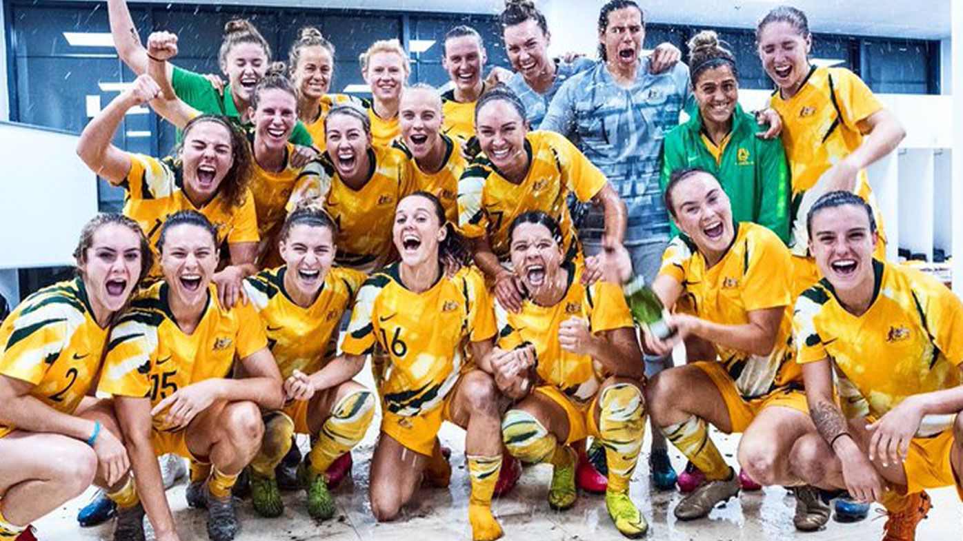 The Matildas celebrate qualifying for the Tokyo Olympics