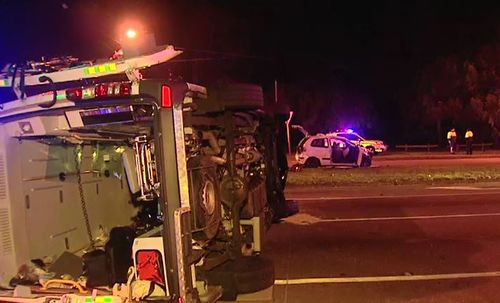 The crash in Dianella last week caused the ambulance to roll on its side. Picture: 9 News