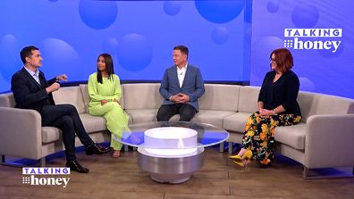 Talking Honey panel: segment on how to make new friends as an adult. Panel features John Aiken, Ben Fordham, Maria Thattil and Shelly Horton. All sitting on couch in round table form.