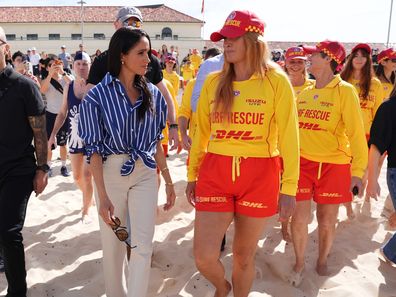 Prince Harry, Duke of Sussex and Meghan, Duchess of Sussex meet volunteer first responders from Bondi Surf Bathers' Life Saving Club, during a visit to Bondi Beach, on day four of their Australia tour on April 17, 2026.