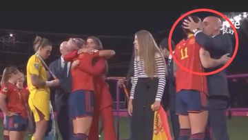 Spain midfielder Jenni Hermoso is kissed by Spanish football federation president Luis Rubiales.