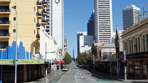 Photo taken on April 24, 2021 shows empty streets in Perth, West Australia. Triggered by a COVID-19 outbreak at a quarantine hotel, Perth has entered a three-day lockdown since Saturday early morning. (Photo by Zhou Dan/Xinhua via Getty) (Xinhua/Zhou Dan via Getty Images)