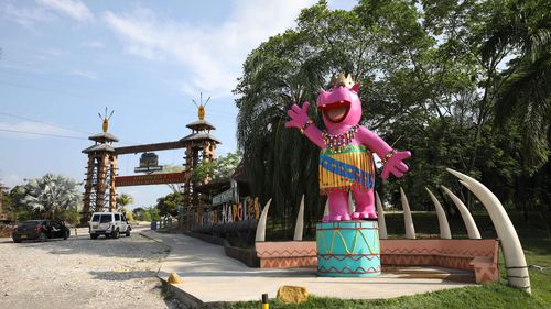 A pink statue of a hippo greets tourists at Hacienda Napoles Park in Puerto Triunfo, Colombia. 