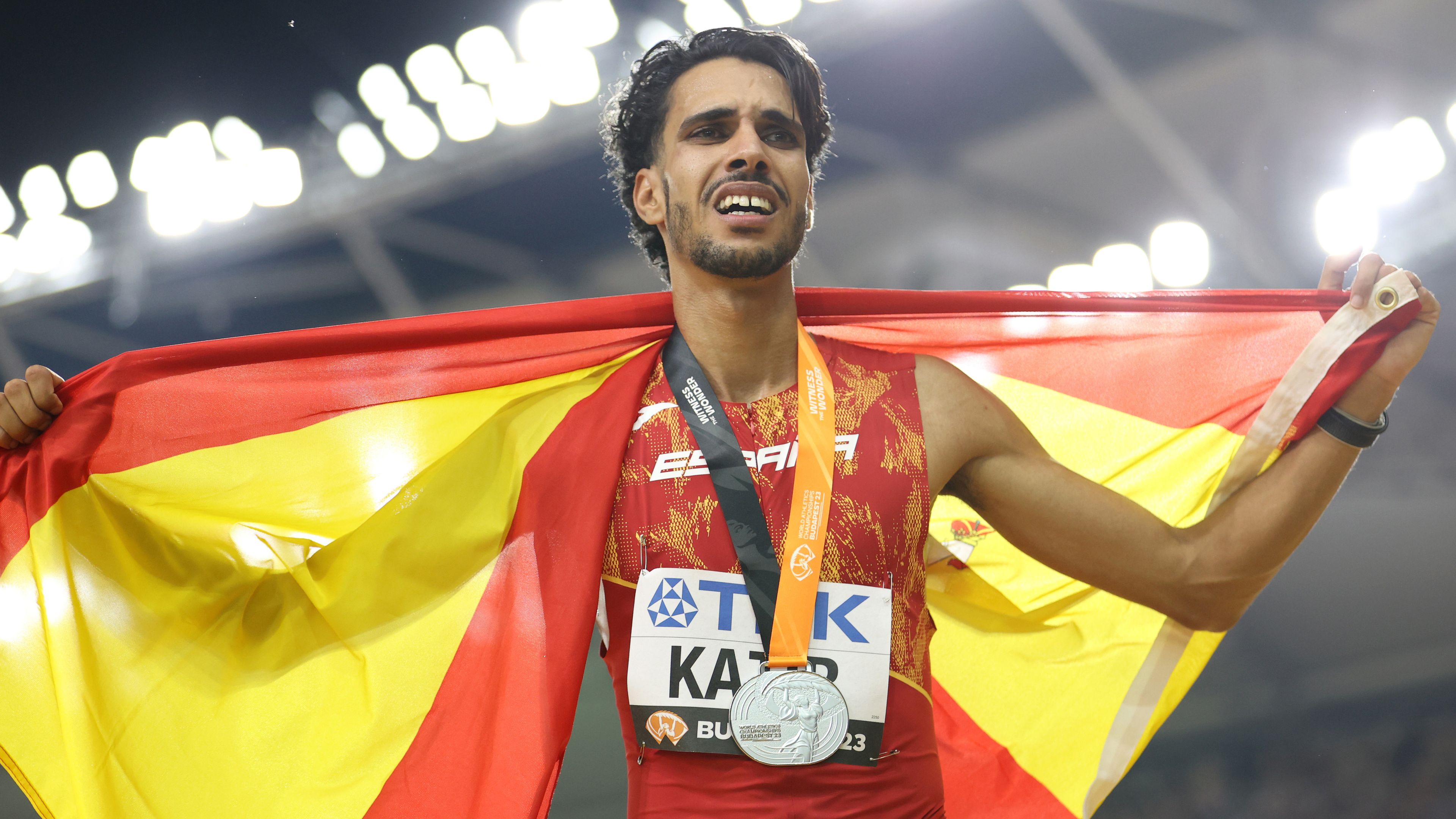Silver medalist Mohamed Katir of Team Spain reacts after competing in the Men&#x27;s 5000m Final during day nine of the World Athletics Championships Budapest 2023 at National Athletics Centre on August 27, 2023 in Budapest, Hungary. (Photo by Michael Steele/Getty Images)