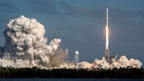 The Falcon Heavy rocket rose from the same launch pad used by NASA to send men to the moon in 1969.