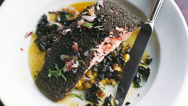 Brown mustard seed ocean trout with black basil butter