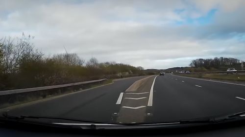 The dashcam vision shows the terrifying moments the driver mounts kerbs and runs off the road.