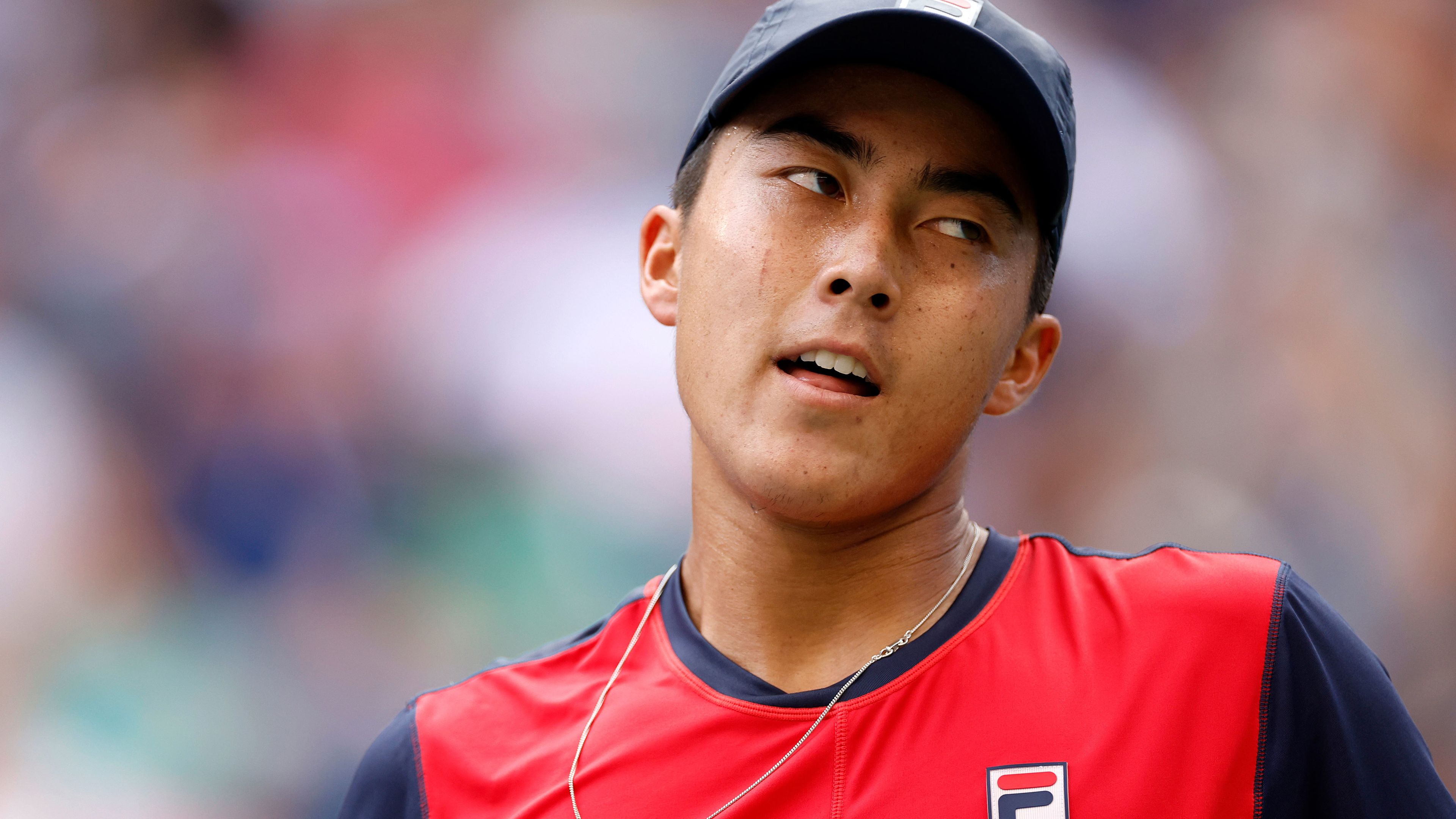 Rinky Hijikata of Australia reacts against Frances Tiafoe of the United States during their men&#x27;s fourth round match on day seven of the 2023 US Open.