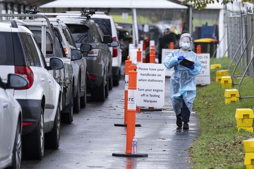 Staff wearing PPE are seen amongst massive queues at a pop-up COVID test site at Albert Park Lake in Melbourne.