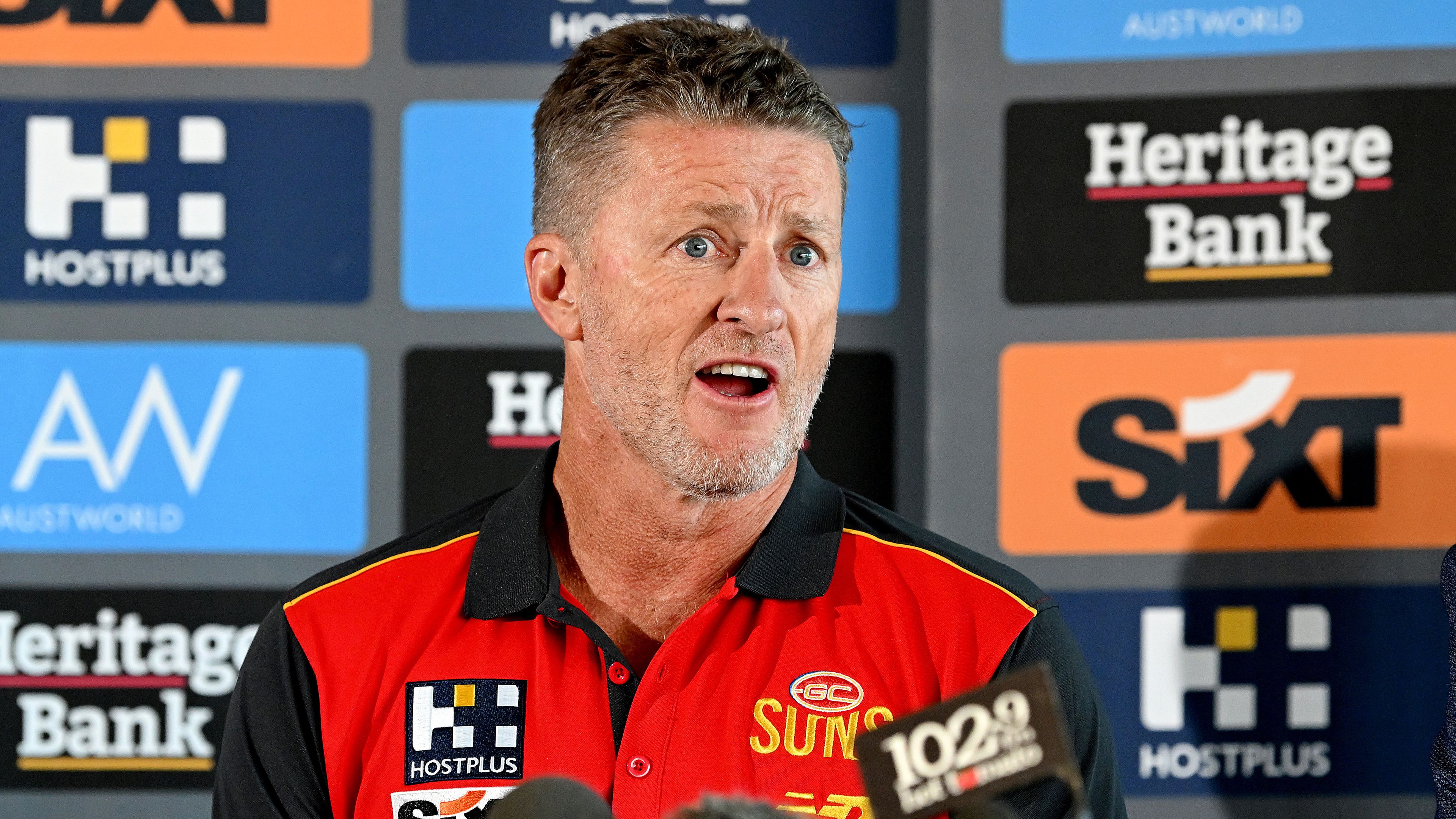 GOLD COAST, AUSTRALIA - AUGUST 21: Damien Hardwick speaks at a Gold Coast Suns AFL press conference announcing his signing as the new coach at Heritage Stadium on August 21, 2023 in Gold Coast, Australia. (Photo by Bradley Kanaris/Getty Images)