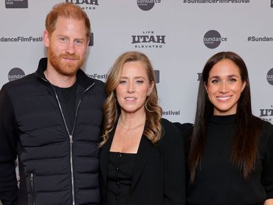 SALT LAKE CITY, UTAH - JANUARY 24: (L-R) Prince Harry, Duke of Sussex, Amy Redford and Meghan, Duchess of Sussex attend the Salt Lake City celebration and premiere of "Cookie Queens" during the 2026 Sundance Film Festival at Rose Wagner Performing Arts Center on January 24, 2026 in Salt Lake City, Utah. (Photo by Neilson Barnard/Getty Images for Sundance Film Festival )